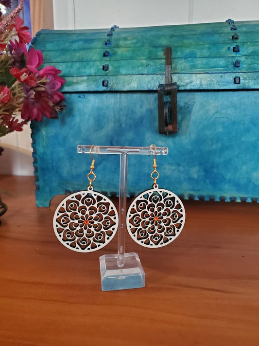Lasered and Handpainted Wooden Round Mandala Earrings