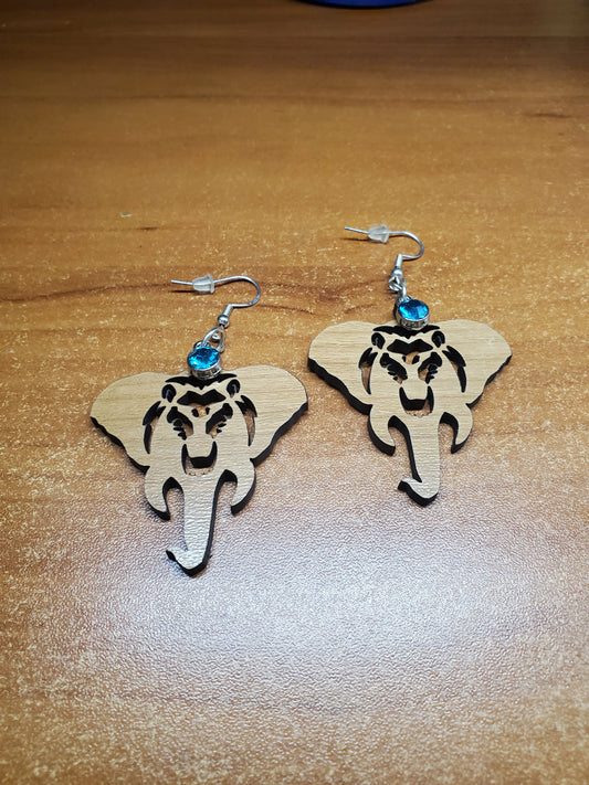 Wooden Elephant Earrings w/Rhinestone