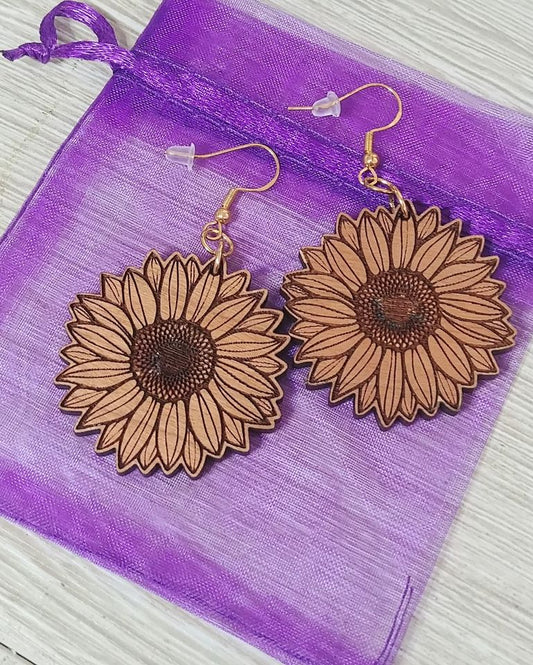 Laser Engraved Wooden Sunflower Earrings