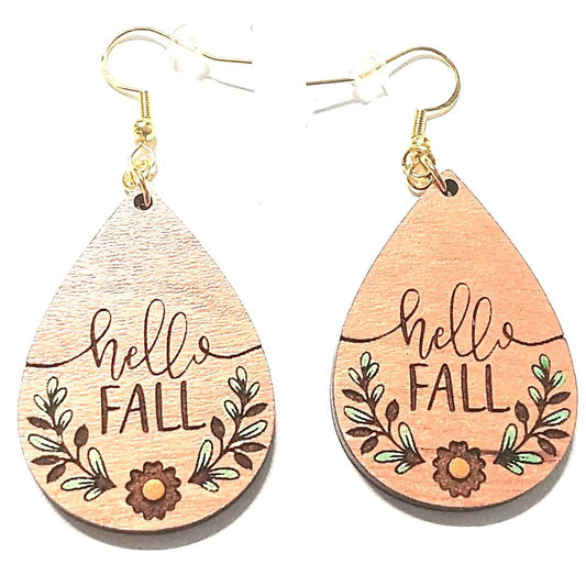 Wooden Engraved and Painted Hello Fall Earrings