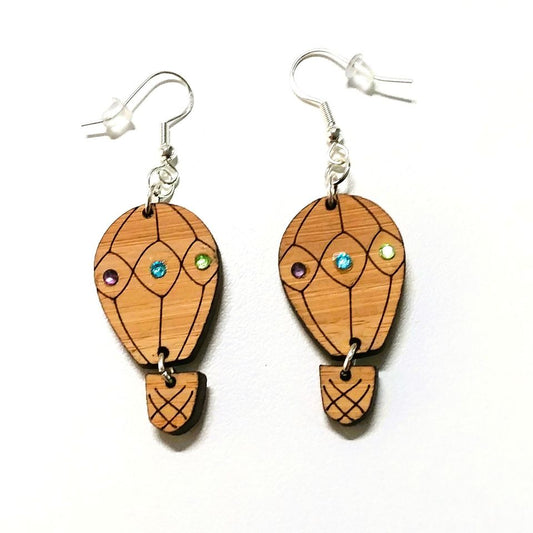 Laser Cut Hot Air Balloon Wooden Earrings Handcrafted with rhinestones.