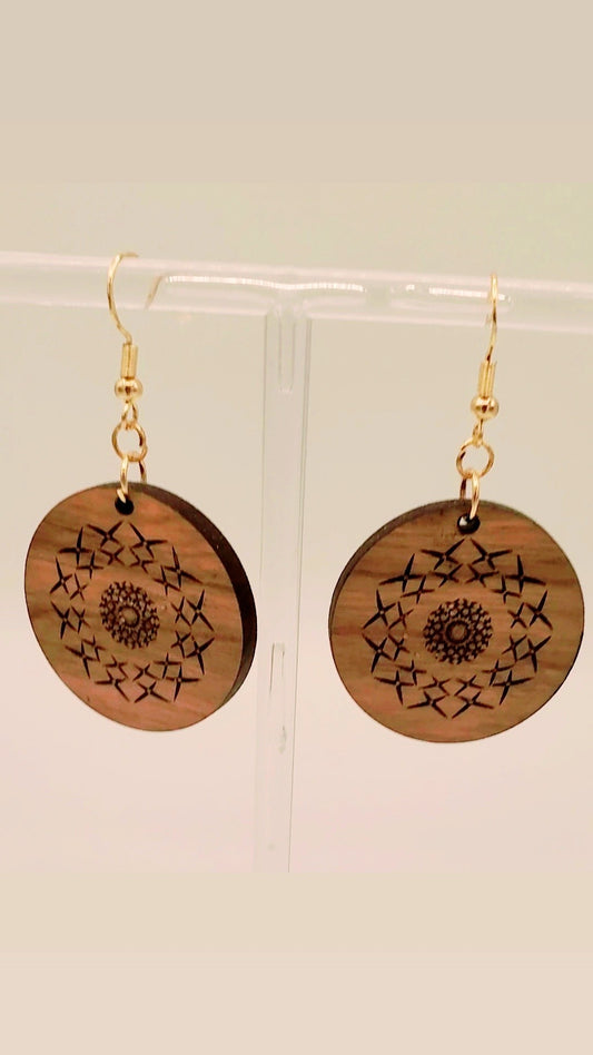 Laser Engraved Dainty Wooden Round Earrings