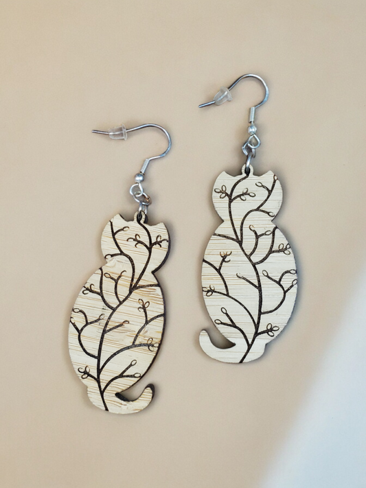 Wooden Cat Themed Earrings