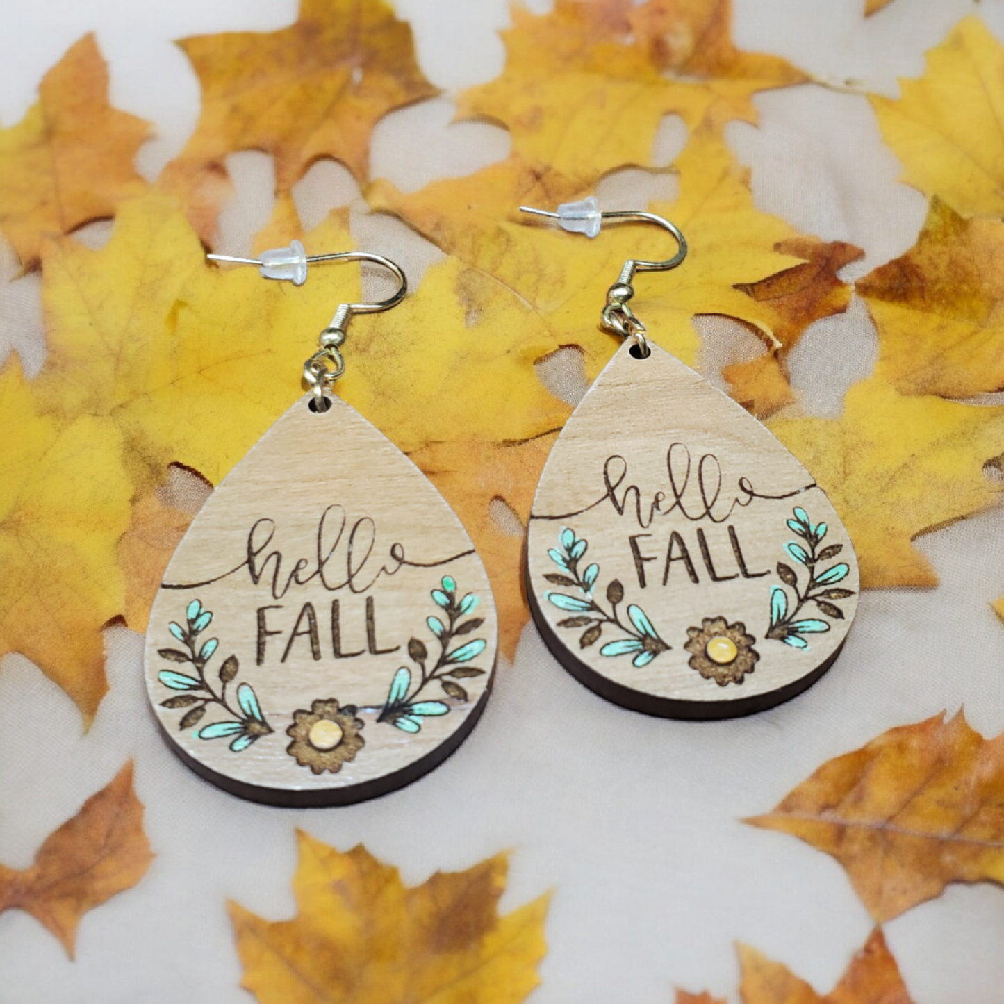 Wooden Engraved and Painted Hello Fall Earrings