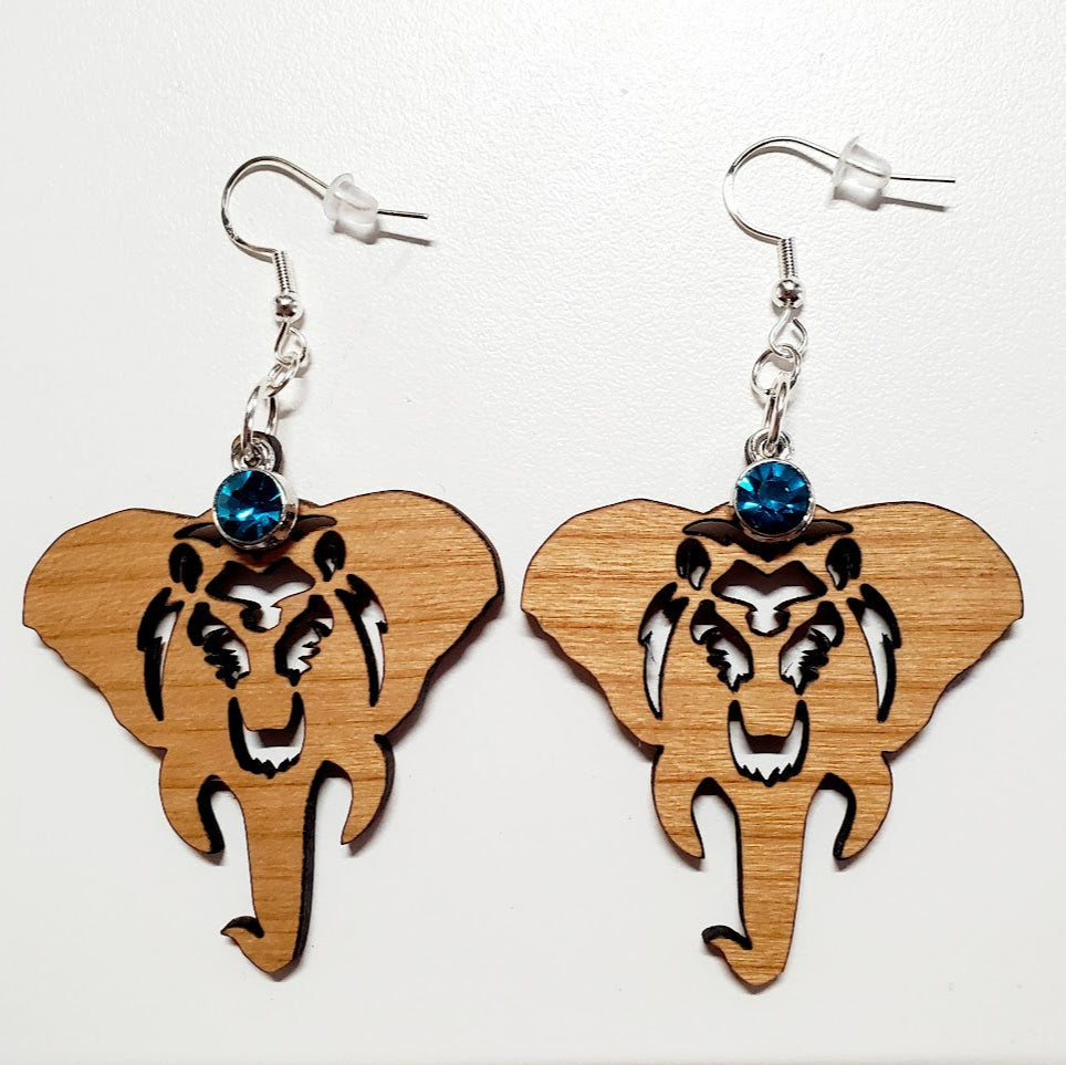 Wooden Elephant Earrings w/Rhinestone