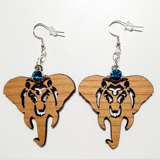 Wooden Elephant Earrings w/Rhinestone