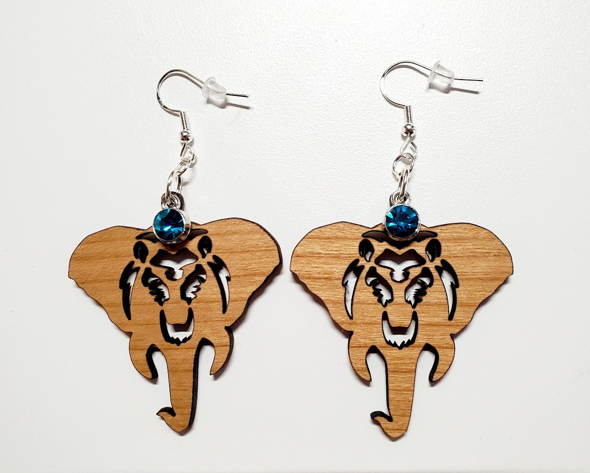 Wooden Elephant Earrings w/Rhinestone