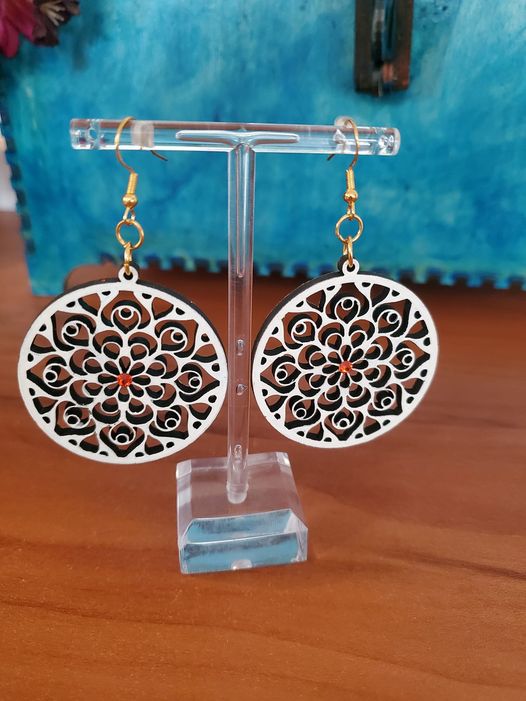 Lasered and Handpainted Wooden Round Mandala Earrings