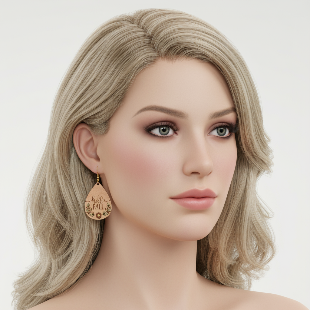 Wooden Engraved and Painted Hello Fall Earrings