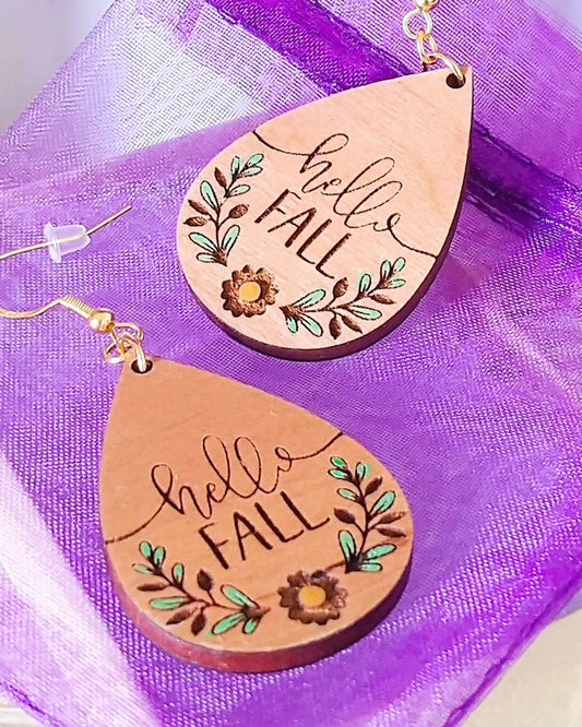 Wooden Engraved and Painted Hello Fall Earrings