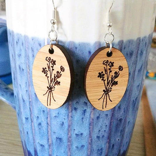 Lasered Wooden Bouquet Oval Earrings