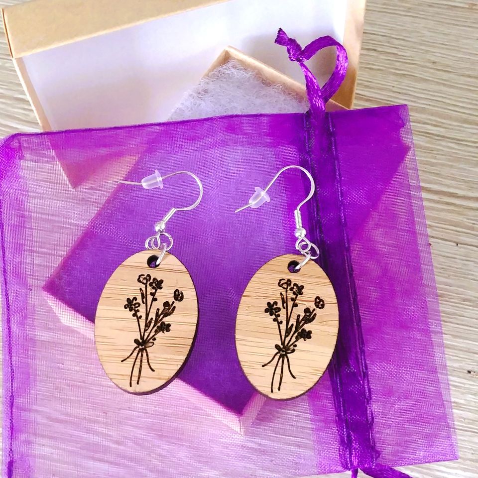 Lasered Wooden Bouquet Oval Earrings