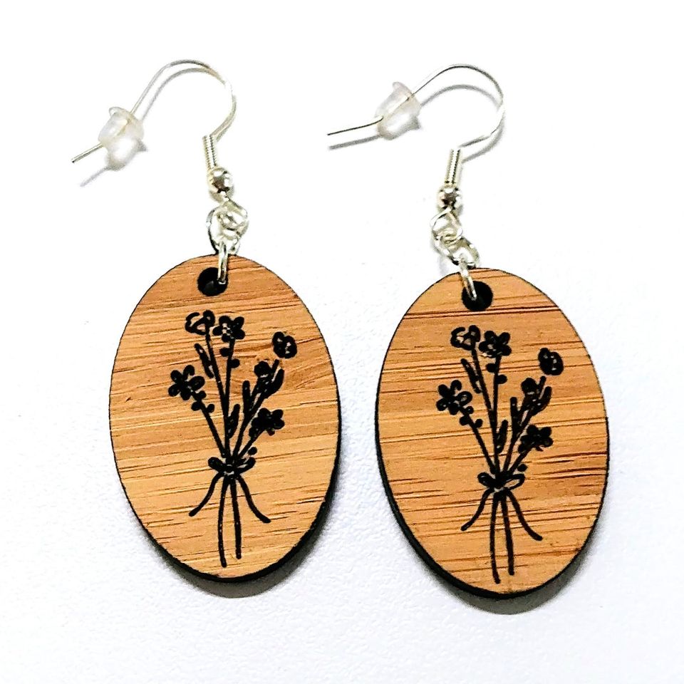 Lasered Wooden Bouquet Oval Earrings