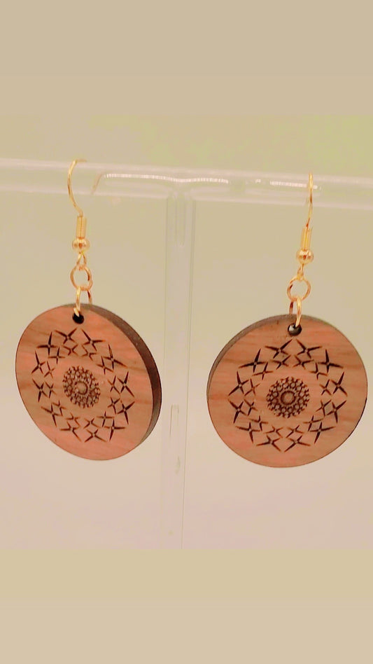 Laser Engraved Dainty Wooden Round Earrings
