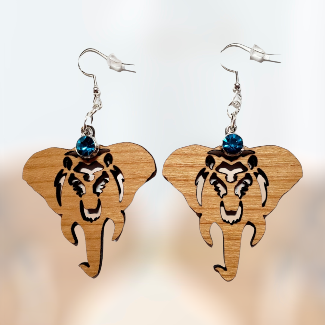 Wooden Elephant Earrings w/Rhinestone