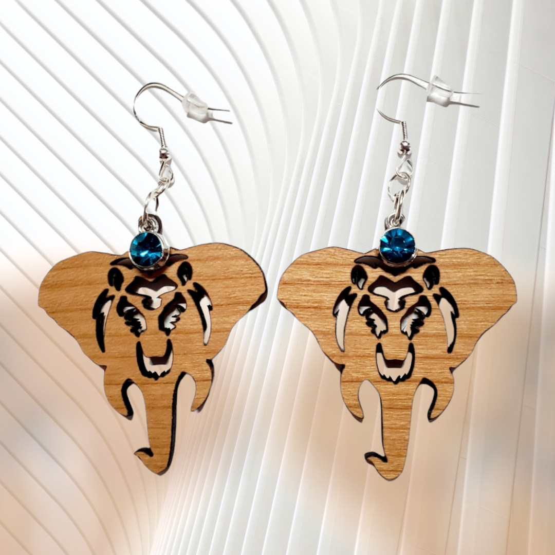 Wooden Elephant Earrings w/Rhinestone