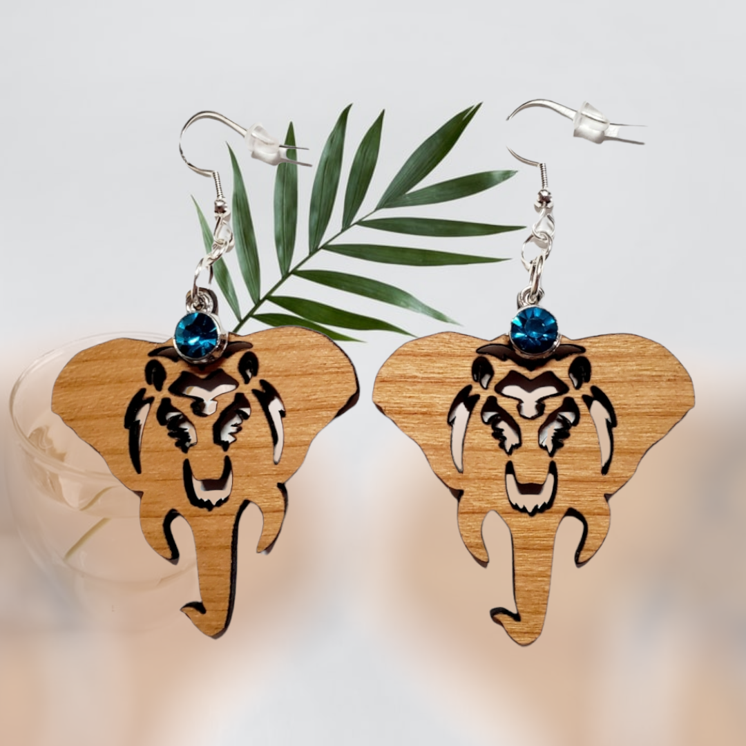 Wooden Elephant Earrings w/Rhinestone