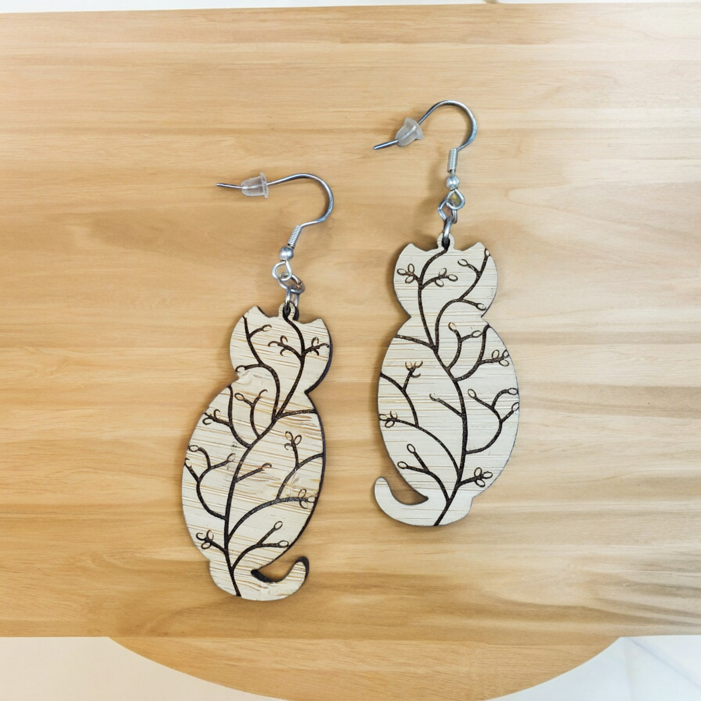 Wooden Cat Themed Earrings