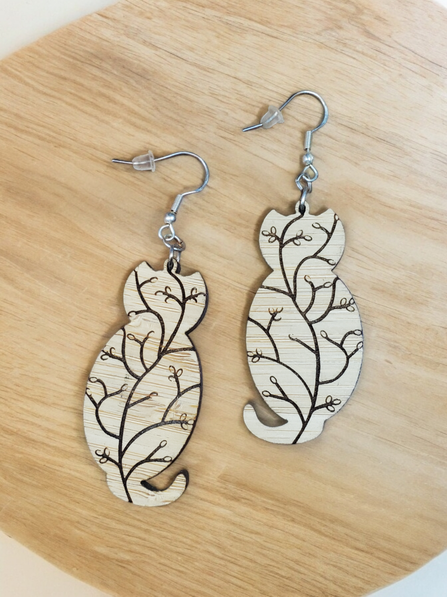Wooden Cat Themed Earrings