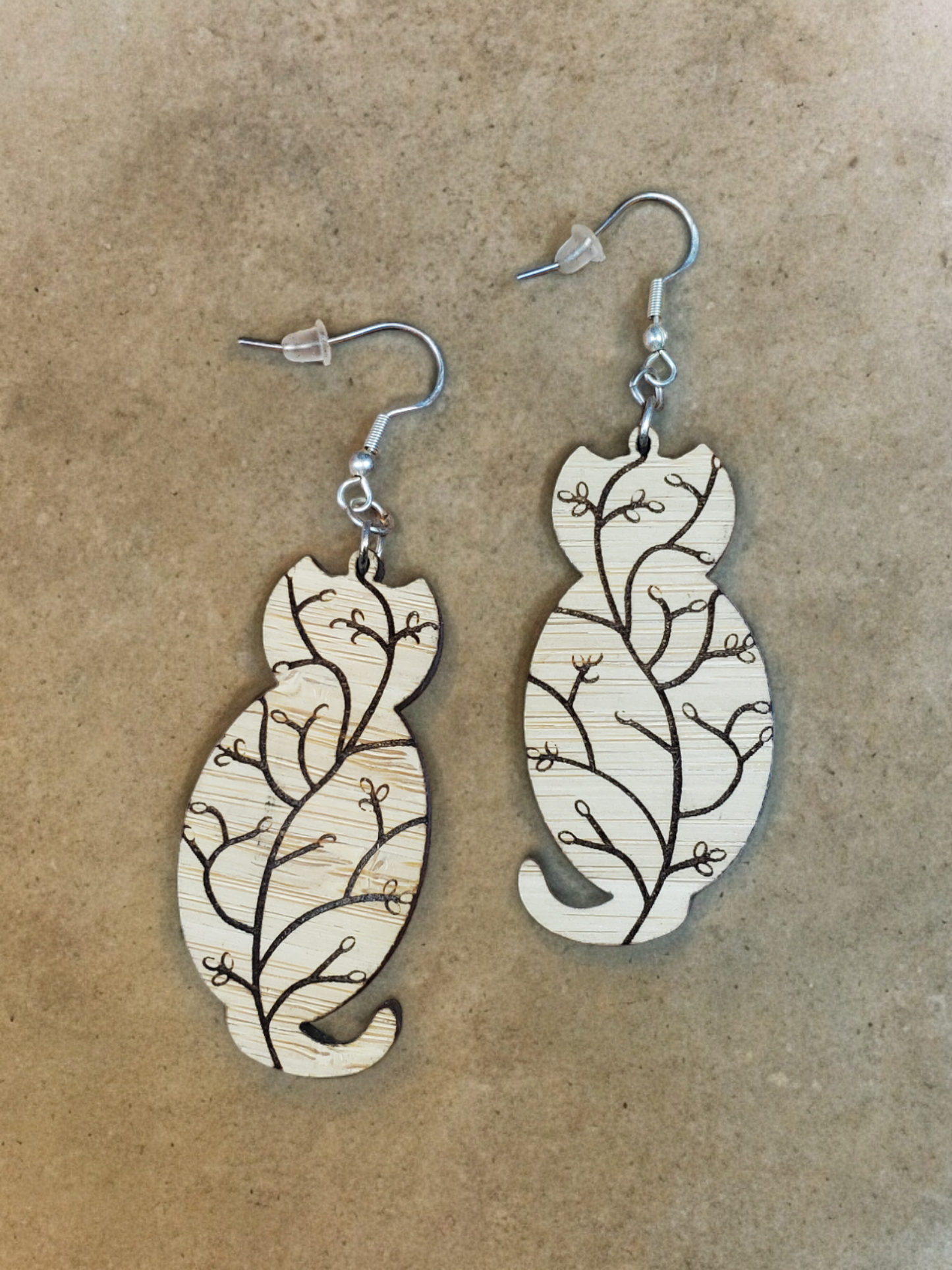 Wooden Cat Themed Earrings