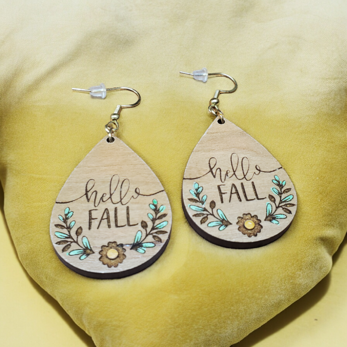 Wooden Engraved and Painted Hello Fall Earrings