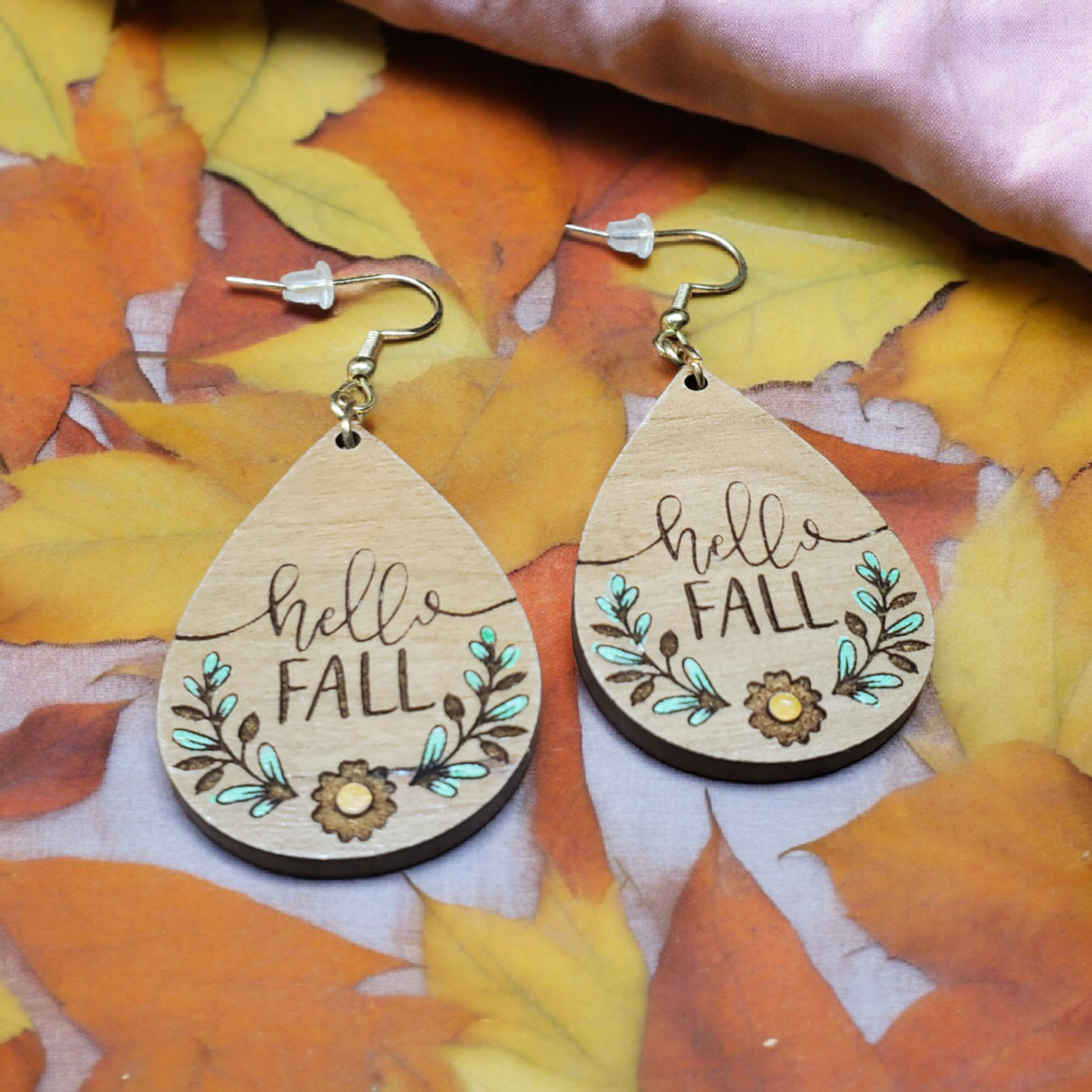 Wooden Engraved and Painted Hello Fall Earrings