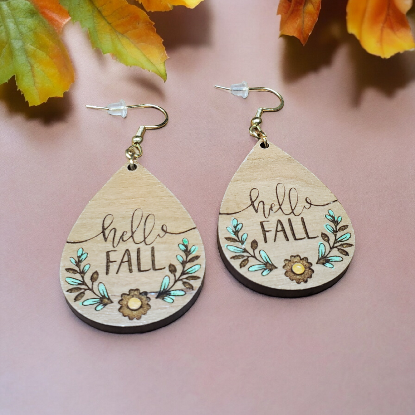 Wooden Engraved and Painted Hello Fall Earrings
