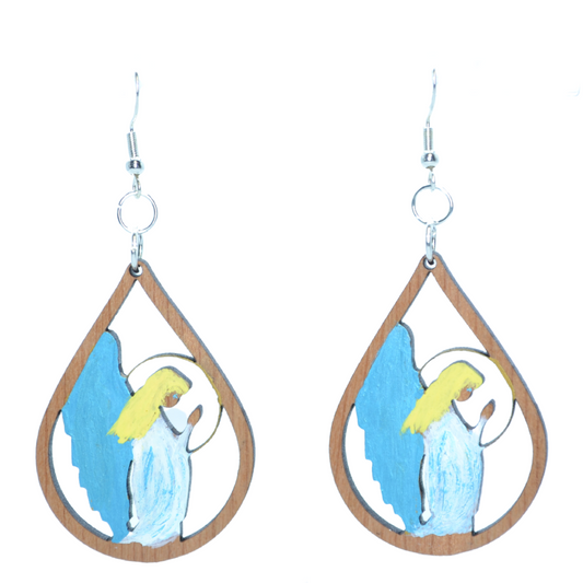 Hand Painted Wooden Angel Earrings