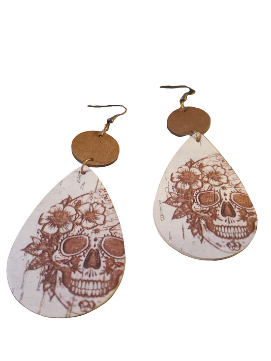 Wooden Teardrop Skull Earrings