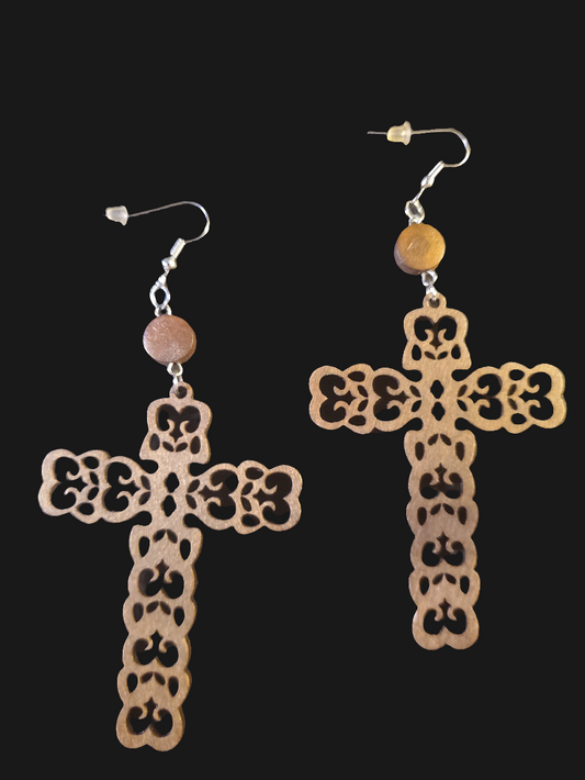 Wooden Cross Earrings